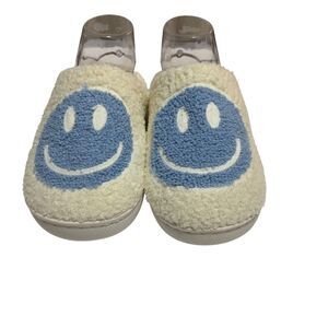 Smiley Face Blue/White Teddy House Slippers US Size 8 EU Size 38-39 Comfort New